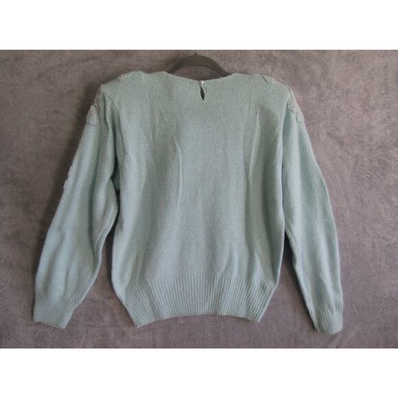 Vintage Jaclyn Smith Angora Silk Floral Beaded Sweater Medium Blue Pullover 90 - Picture 5 of 7